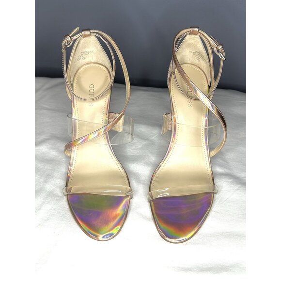 Guess Felecia Strappy Stiletto Size 9 Iridescent Rose Gold & Clear Dressy Sandal - Picture 9 of 14
